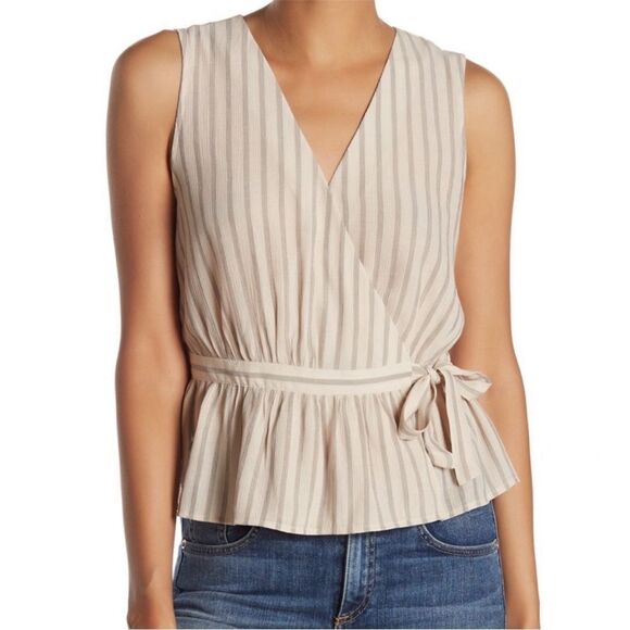 14th & Union Beige Striped Wrap Top - Picture 1 of 7